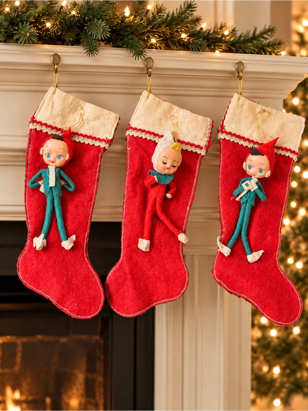 10” Pixie Elf Christmas Stockings Red Felt & Ivory Cuffs Set of 3